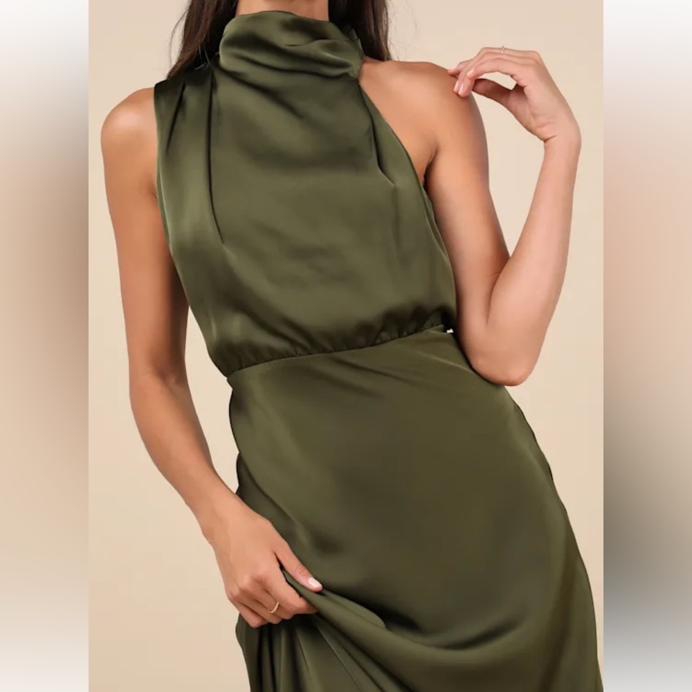 NWT Lulus Distinctive Charm Olive Green Satin Asymmetrical Maxi Dress - Picture 3 of 4
